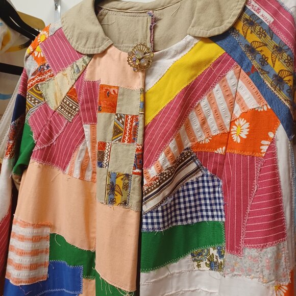 Whimsical Vintage 70s Patchwork Long Jacket XL - Picture 4 of 16